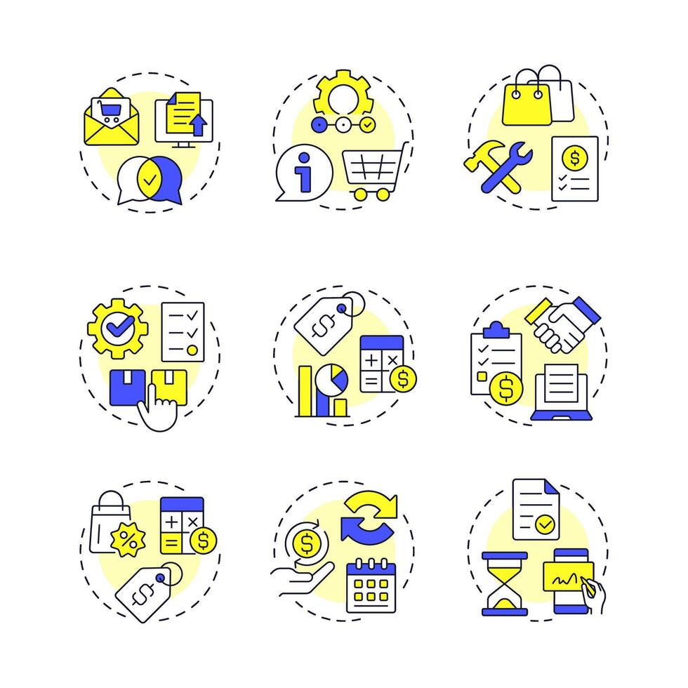 Quote management multi color concept icons. Price control, discount. Product strategy, development. Icon pack. Round shape illustrations for infographic, article. Abstract idea vector