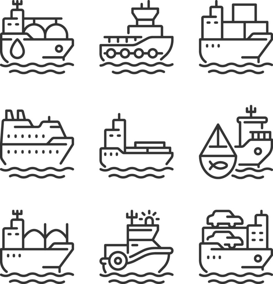 Cargo shops types pixel perfect line icons set. Maritime transport delivering freights. Sea delivery service. Isolated outline illustrations. Thin lineart iconset symbols. Editable stroke vector