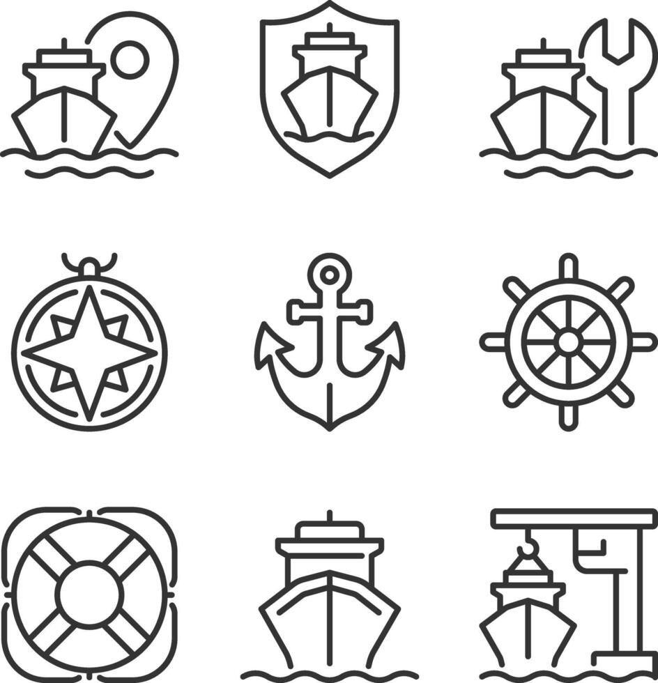 Maritime shipping industry pixel perfect line icons set. Transporting cargoes by sea. Delivery industry. Isolated outline illustrations. Thin lineart iconset symbols. Editable stroke vector