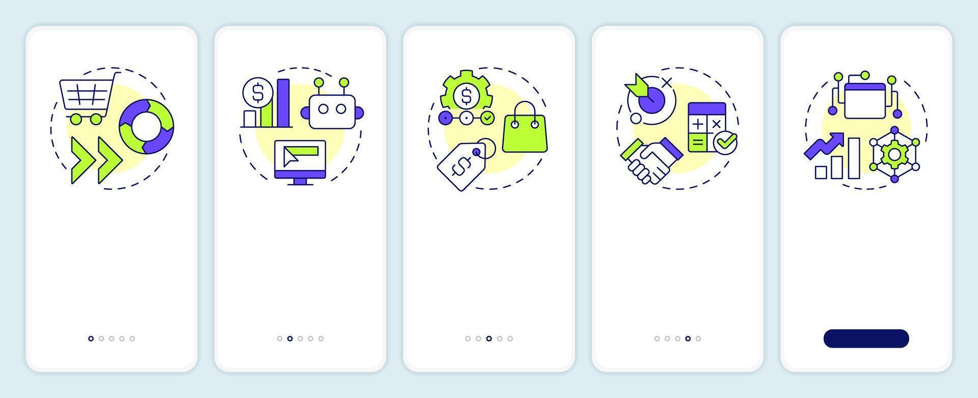 Quote management onboarding mobile app screen. Pricing strategy. Walkthrough 5 steps editable graphic instructions with linear concepts. UI, UX, GUI vector