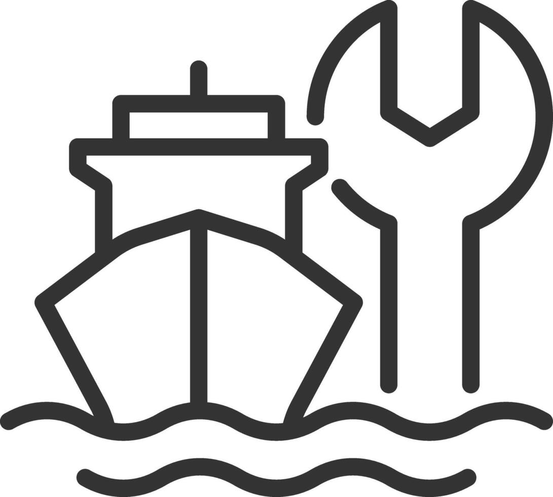 Ship maintenance pixel perfect line icon. Marine transport technical support. Vessel repair service. Dry dock. Isolated illustration. Outline symbol. Simple linear drawing. Editable stroke vector