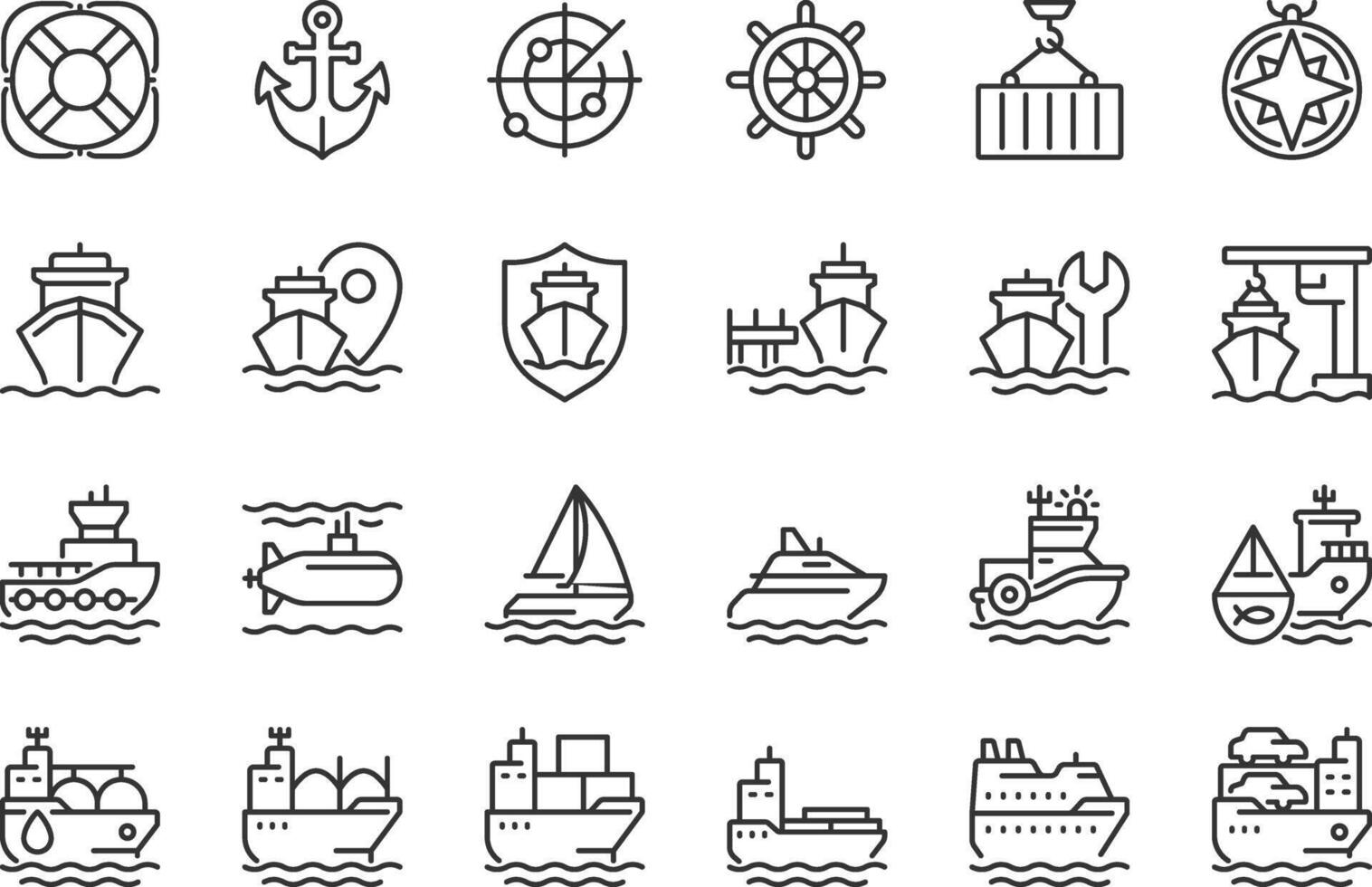 Maritime transport pixel perfect line icons set. Transporting goods via sea routes. Shipping by watercraft. Isolated outline illustrations. Thin lineart iconset symbols. Editable stroke vector