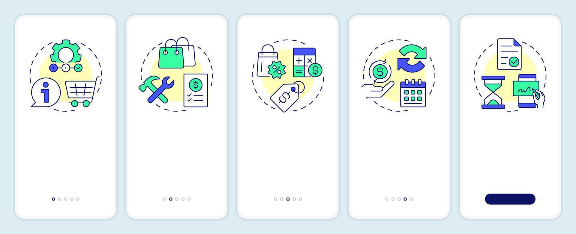 CPQ capabilities onboarding mobile app screen. Product management. Walkthrough 5 steps editable graphic instructions with linear concepts. UI, UX, GUI vector