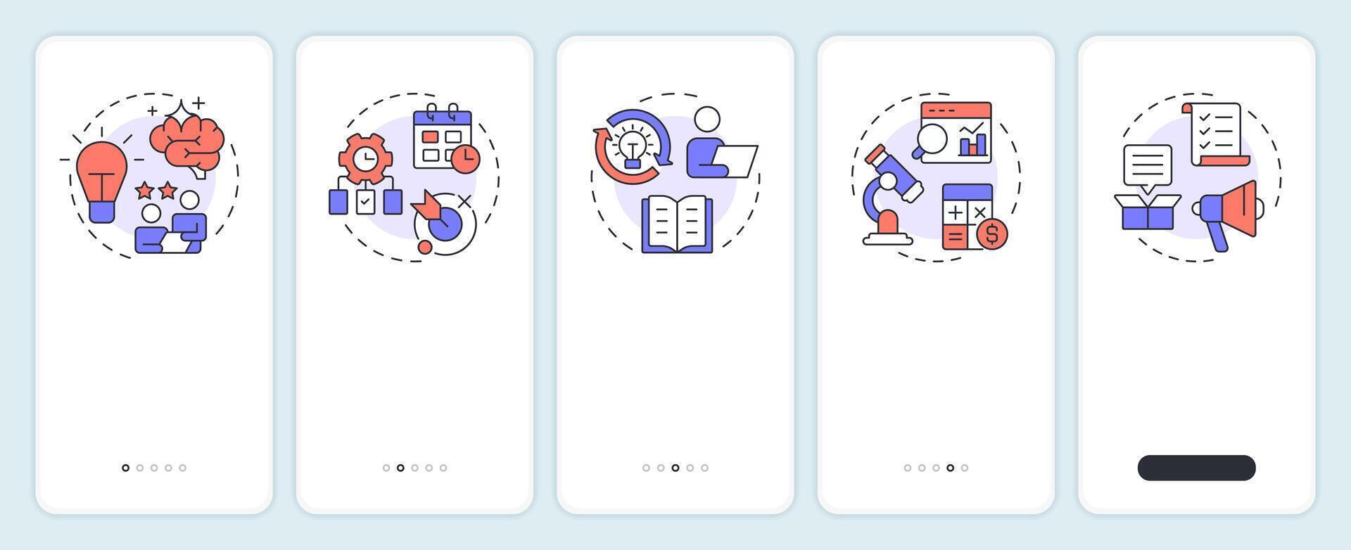 Key professional competencies onboarding mobile app screen. Walkthrough 5 steps editable graphic instructions with linear concepts. UI, UX, GUI vector