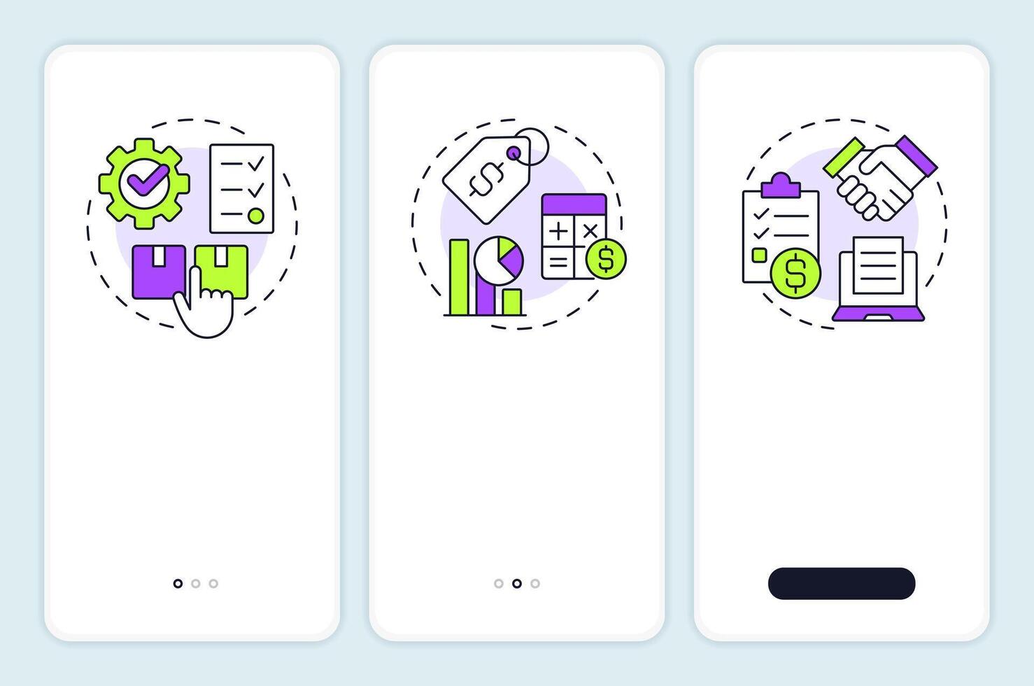 CPQ process onboarding mobile app screen. Product management. Walkthrough 3 steps editable graphic instructions with linear concepts. UI, UX, GUI vector