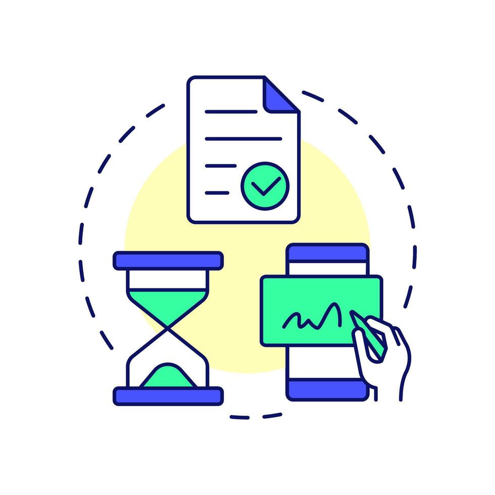 Quote approvals multi color concept icon. Workflow automation. Pricing strategy. Checkmark, regulation. Round shape line illustration. Abstract idea. Graphic design. Easy to use in infographic vector