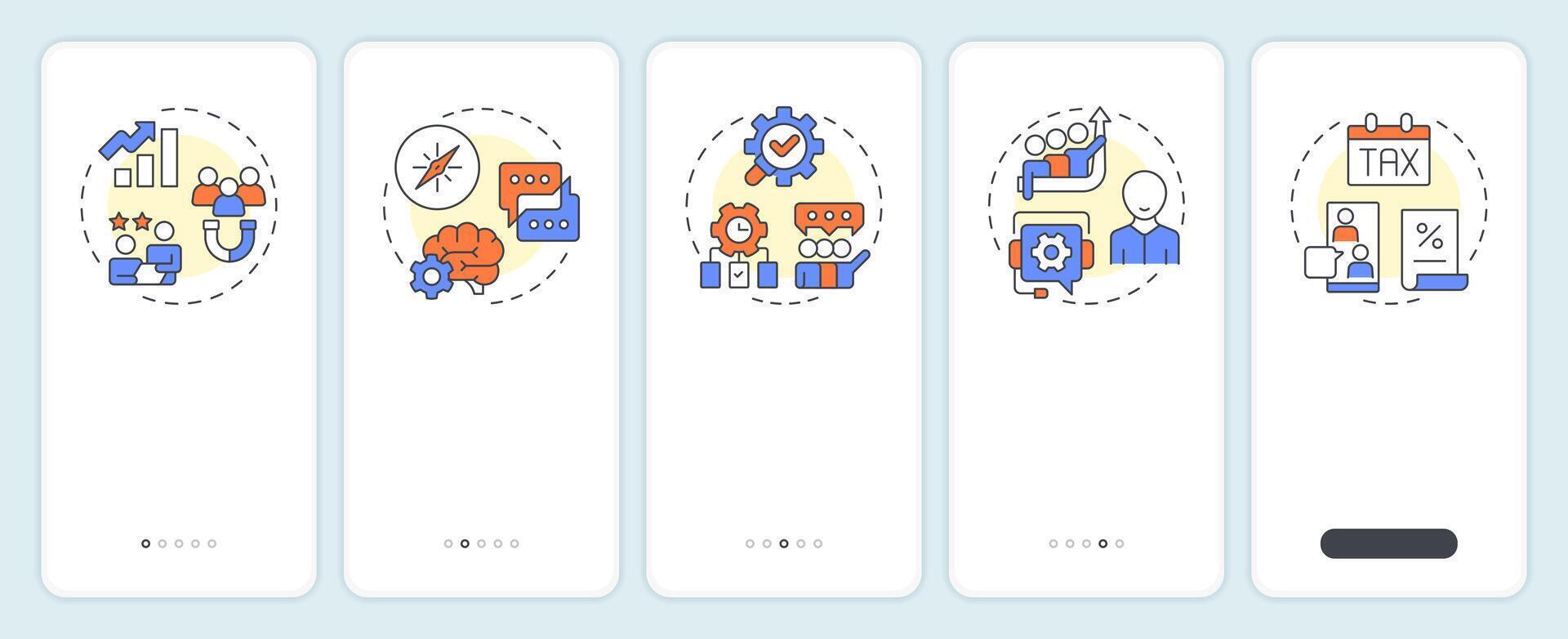 Consulting types onboarding mobile app screen. Marketing, management. Walkthrough 5 steps editable graphic instructions with linear concepts. UI, UX, GUI vector