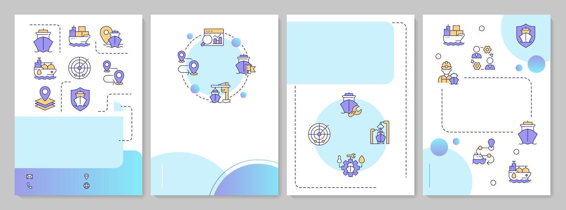 Ship management blue circle brochure layout. Industry of marine delivery. Logistic system. Leaflet advertising design with color line icons. Editable 4 pages vector