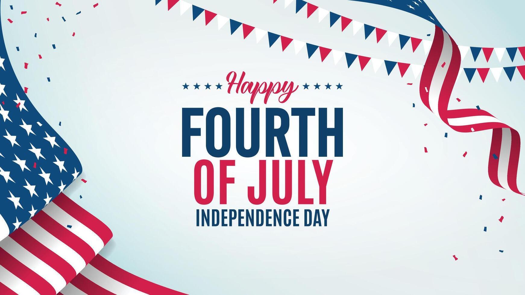 happy fourth of july independence day text on bright background, with american flag and ribbon. It is great for banner, poster, greeting card, etc. vector