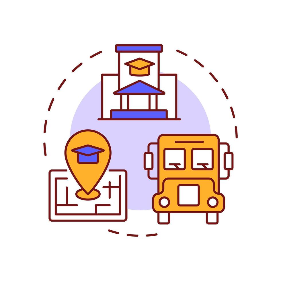 School districts multi color concept icon. University, college. Bus transport, geo sign. Round shape line illustration. Abstract idea. Graphic design. Easy to use in article, infographic vector