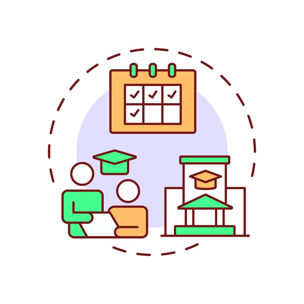 Course scheduling multi color concept icon. Student services. Teaching plan, tutoring. Round shape line illustration. Abstract idea. Graphic design. Easy to use in article, infographic vector