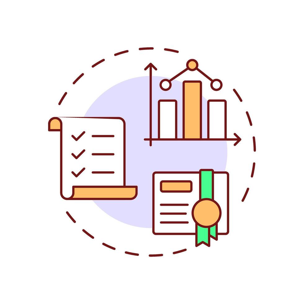 Student transcripts multi color concept icon. Statistical metrics, analysis. Certificate, checklist. Round shape line illustration. Abstract idea. Graphic design. Easy to use in article, infographic vector