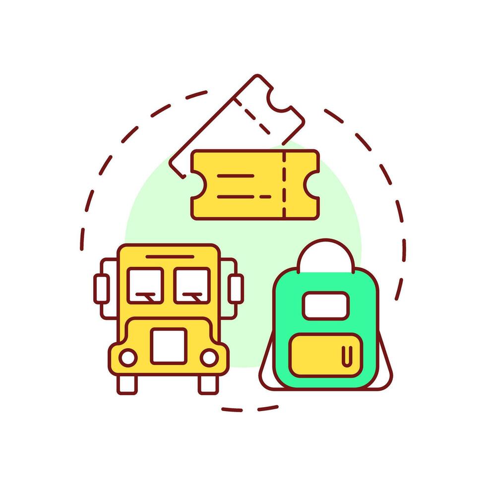 Field trips multi color concept icon. School bus. Service fee, tickets. Excursion, museum. Round shape line illustration. Abstract idea. Graphic design. Easy to use in article, infographic vector