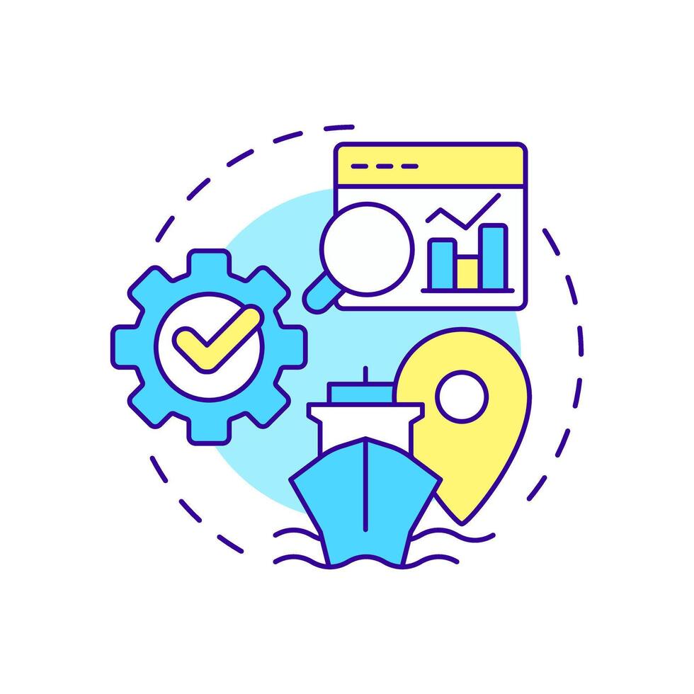 Shipping data analytics multi color concept icon. Ship management system solution. Maritime information. Round shape line illustration. Abstract idea. Graphic design. Easy to use in booklet vector