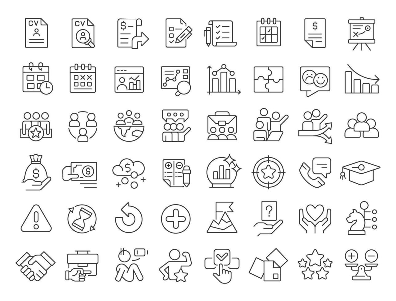 HR analysis line icons set. Workforces productivity research. Company staff hiring strategy. Employee data. Isolated outline illustrations. Thin lineart iconset symbols. Editable stroke vector