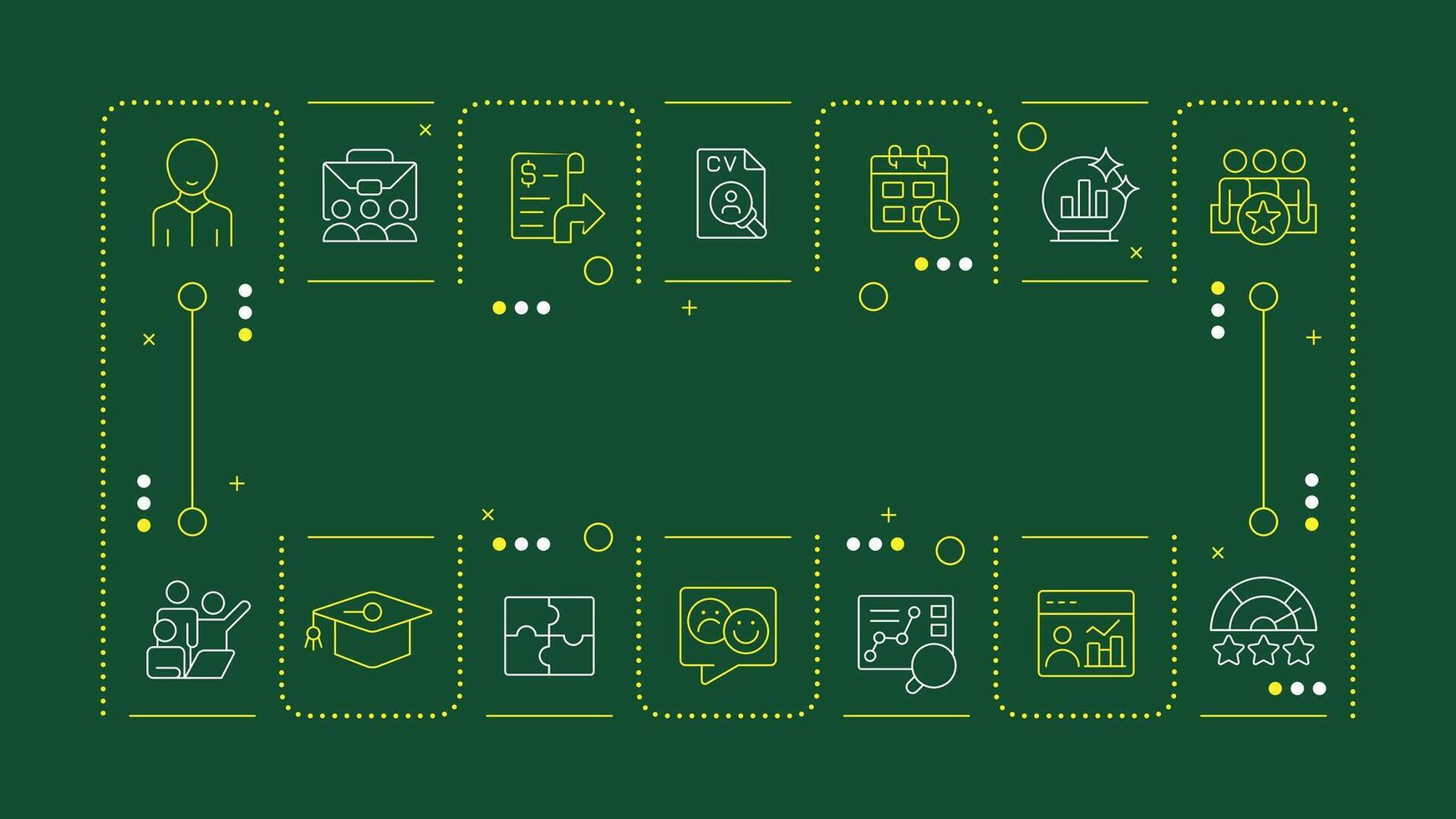 HR analytics dark green word concept. Company staff employment strategy. Recruitment planning. Horizontal image. Headline text surrounded by editable outline icons vector