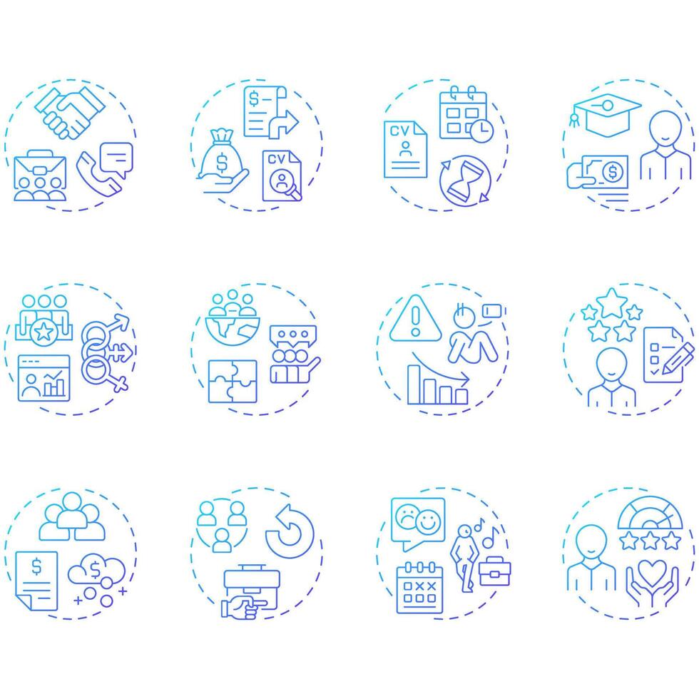 HR analytics blue gradient concept icons. Workforces data research. Corporate employees hiring. Business strategy. Icon pack. Round shape illustrations for booklet. Abstract idea vector