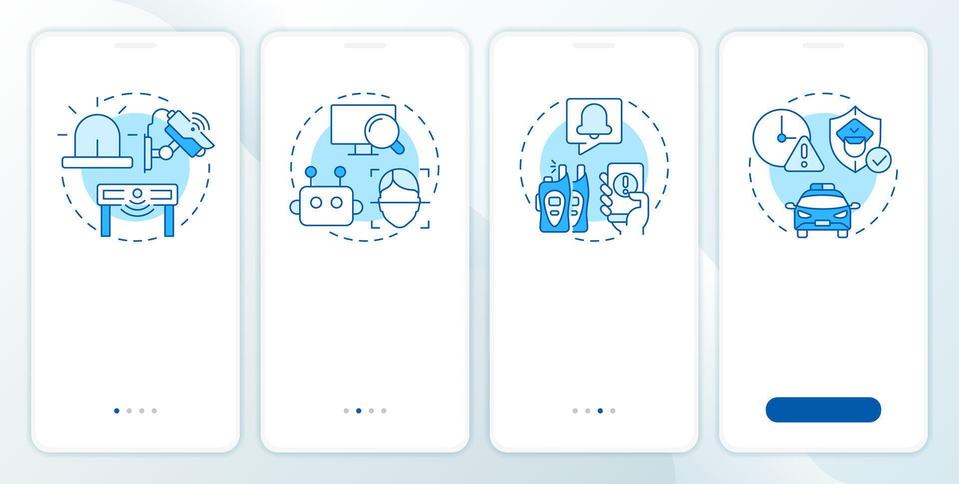 Physical security ecosystem blue onboarding mobile app screen. Protection. Walkthrough 4 steps editable graphic instructions with linear concepts. UI, UX, GUI vector