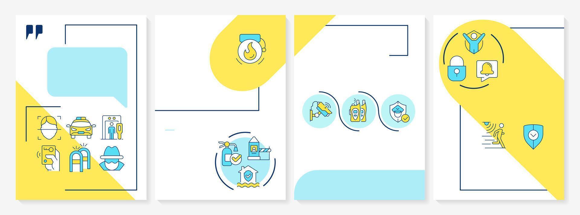 Physical security blue and yellow brochure layout. Safeguarding people, property and data tools. Leaflet advertising design with color line icons. Editable 4 pages vector