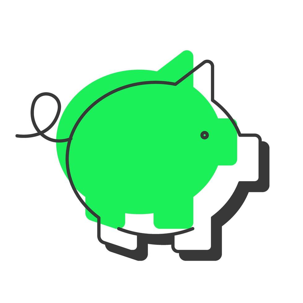 Pig bank offset shadow line icon. Money saving, accountability. Income management, banking. Expense, cost. Bold outline symbol with solid green fill. Modern flat illustration. Editable stroke vector