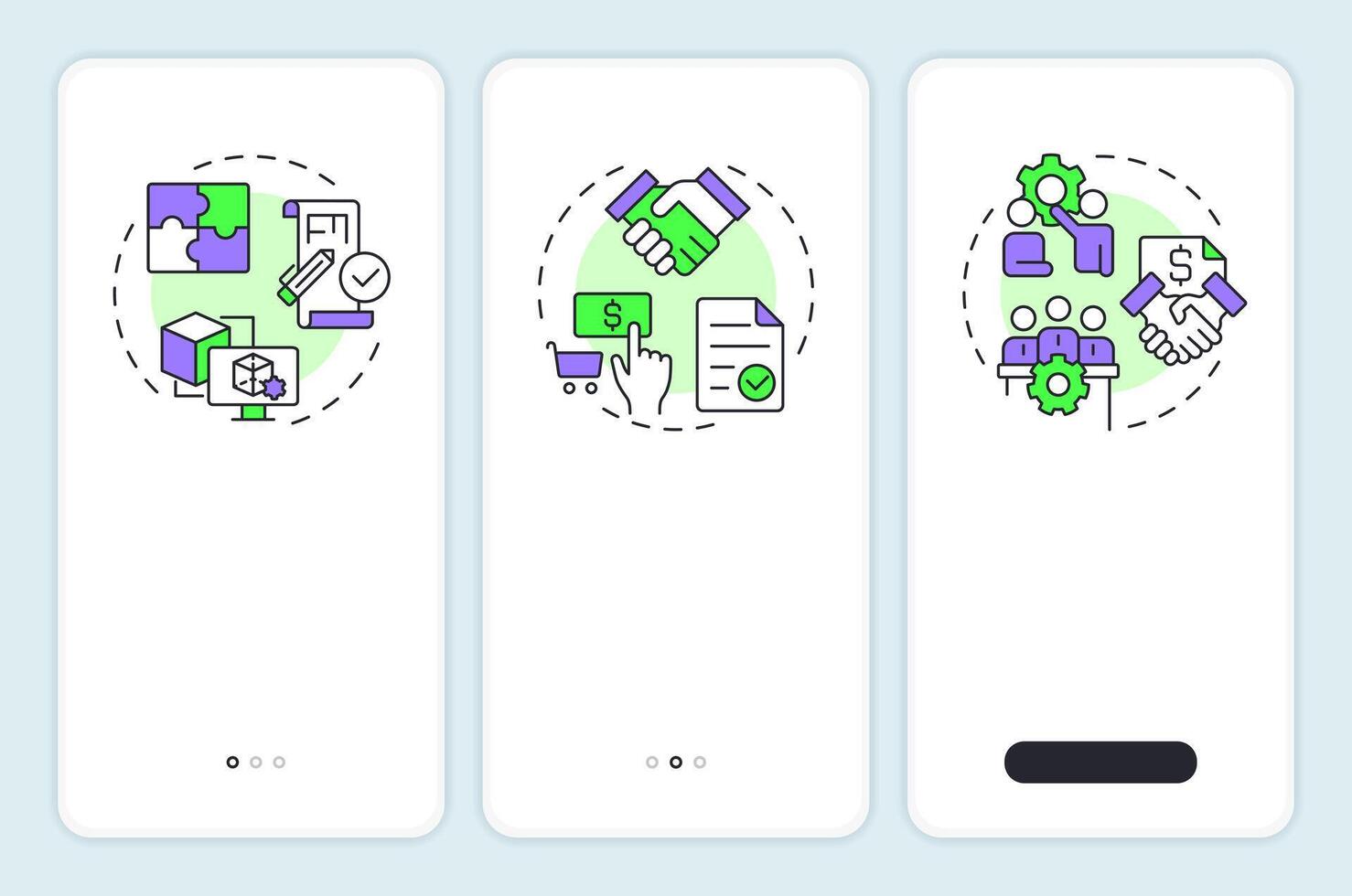 Business framework onboarding mobile app screen. Product development. Walkthrough 3 steps editable graphic instructions with linear concepts. UI, UX, GUI vector