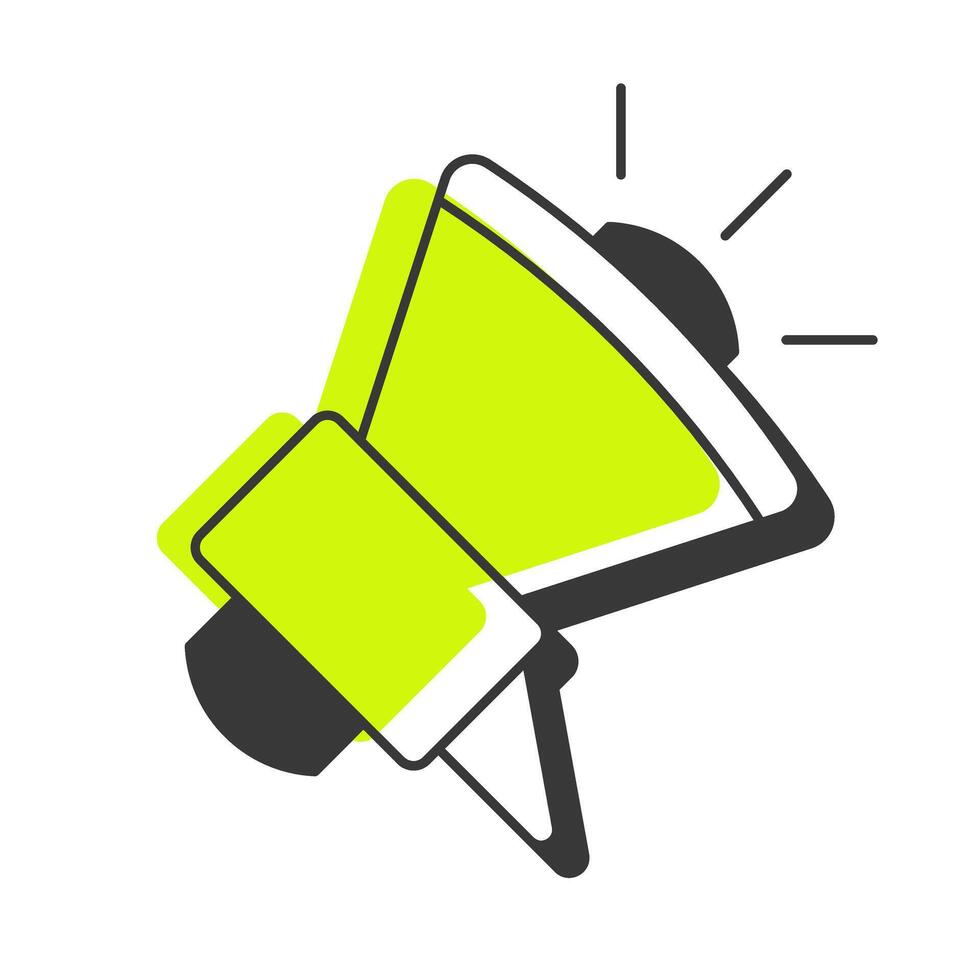 Megaphone offset shadow line icon. Marketing methodology, promoting. Announcement, loudspeaker. Bold outline symbol with solid green fill. Modern flat illustration. Editable stroke vector