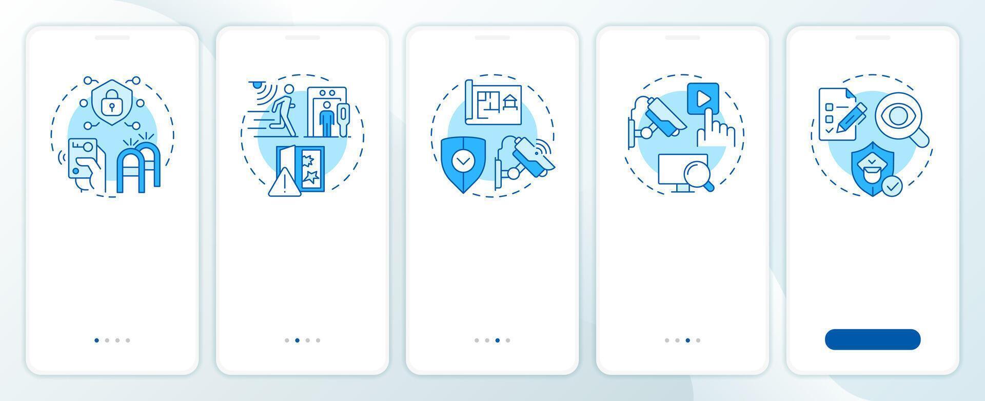Components of physical security systems blue onboarding mobile app screen. Walkthrough 5 steps editable graphic instructions with linear concepts. UI, UX, GUI vector