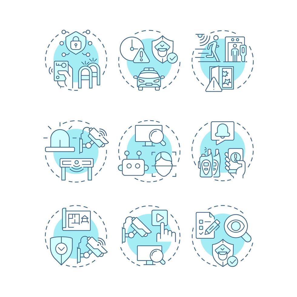 Physical security soft blue concept icons. Safety maintaining strategy. Protecting people and assets. Icon pack. Round shape illustrations for presentation. Abstract idea vector