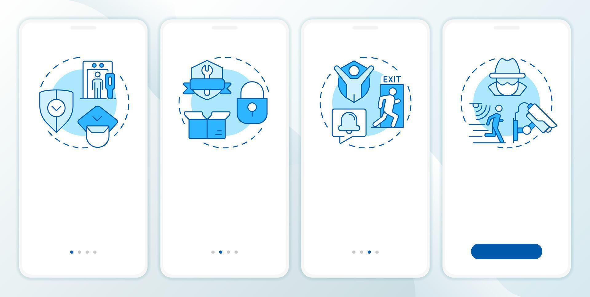 Benefits of physical security blue onboarding mobile app screen. Data. Walkthrough 4 steps editable graphic instructions with linear concepts. UI, UX, GUI vector
