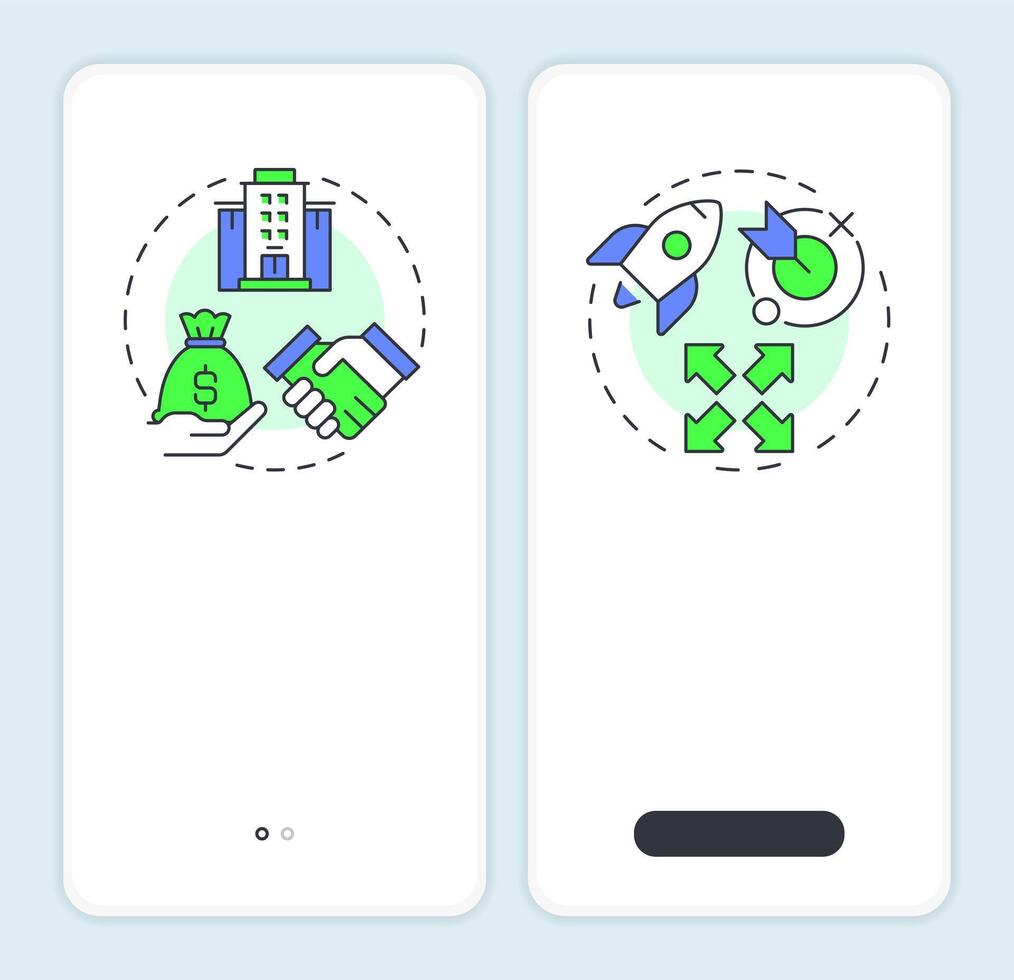 Business growth organizations onboarding mobile app screen. Walkthrough 2 steps editable graphic instructions with linear concepts. UI, UX, GUI vector