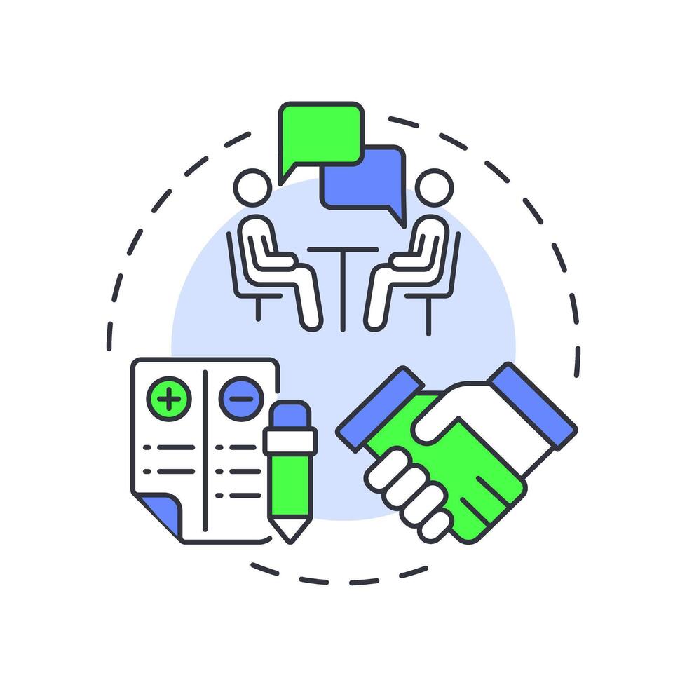 Engage in the selection process multi color concept icon. Recruitment, interview. Agreement, negotiation. Round shape line illustration. Abstract idea. Graphic design. Easy to use in infographic vector