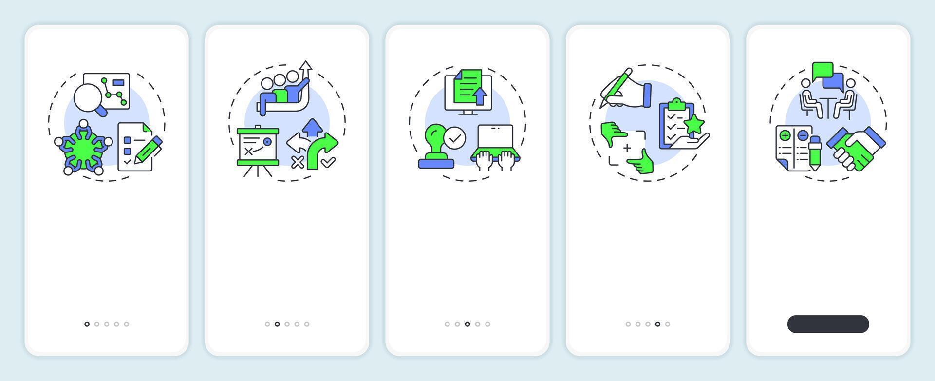 Business incubator selection onboarding mobile app screen. Walkthrough 5 steps editable graphic instructions with linear concepts. UI, UX, GUI vector