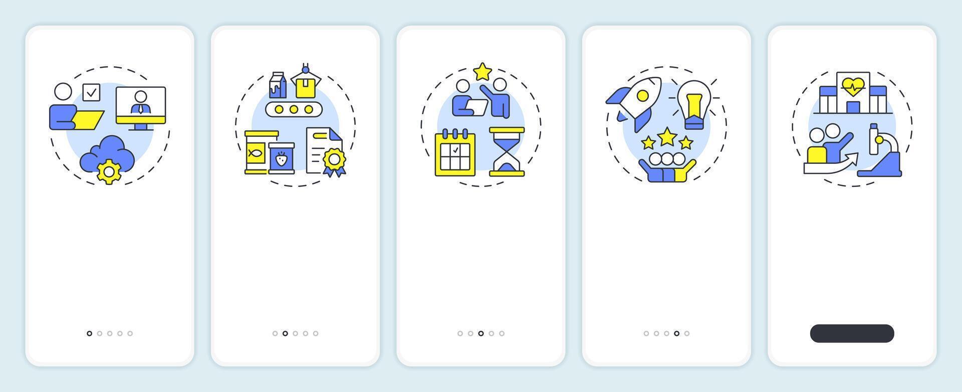 Business incubators onboarding mobile app screen. Remote support. Walkthrough 5 steps editable graphic instructions with linear concepts. UI, UX, GUI vector