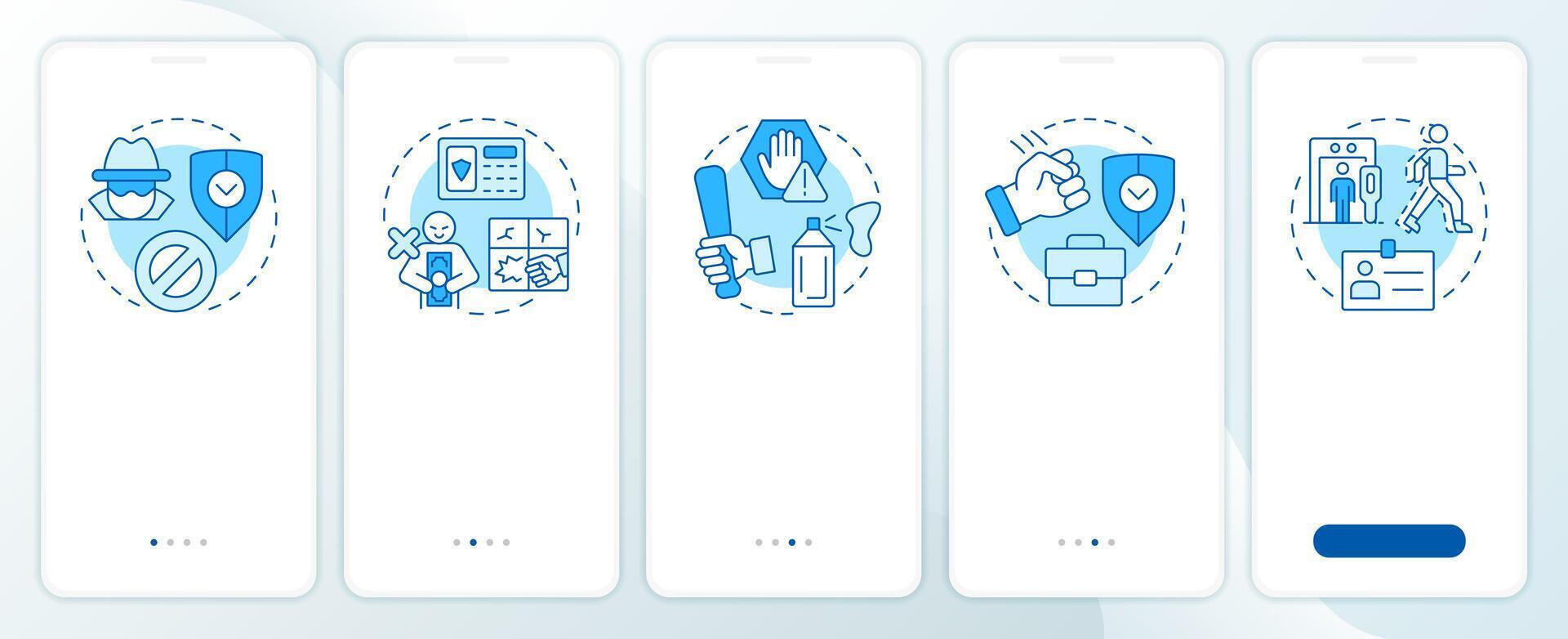 Physical security threats and risks blue onboarding mobile app screen. Walkthrough 5 steps editable graphic instructions with linear concepts. UI, UX, GUI vector
