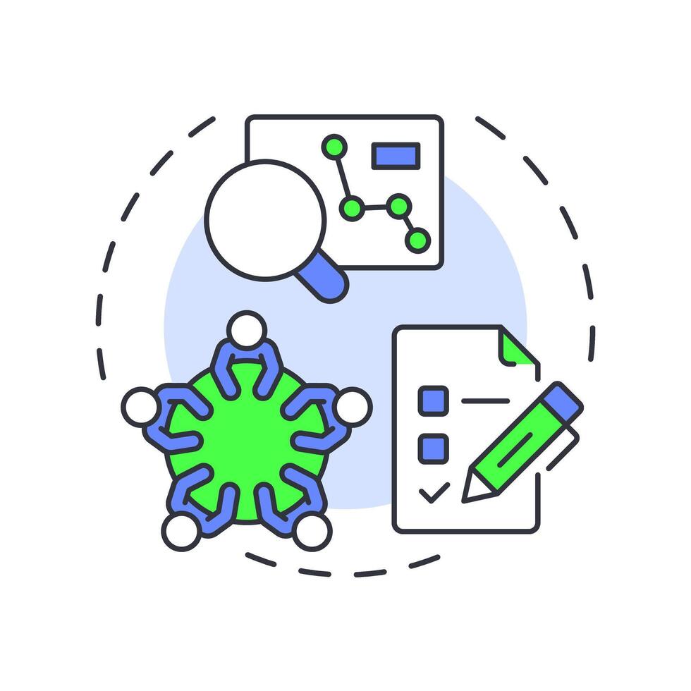 Research incubators multi color concept icon. Teamwork, brainstorm. Statistical metrics, analytics. Round shape line illustration. Abstract idea. Graphic design. Easy to use in infographic, brochure vector