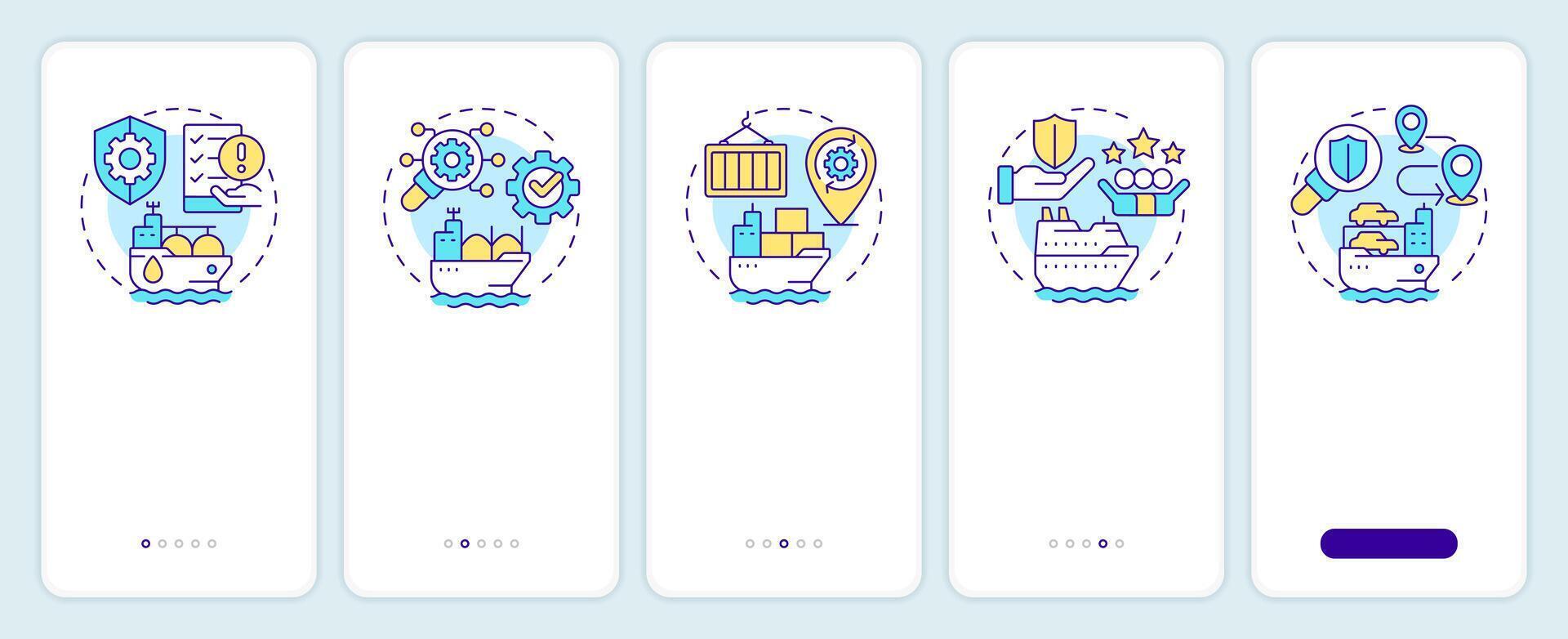 Ship type management solutions onboarding mobile app screen. Walkthrough 5 steps editable graphic instructions with linear concepts. UI, UX, GUI vector