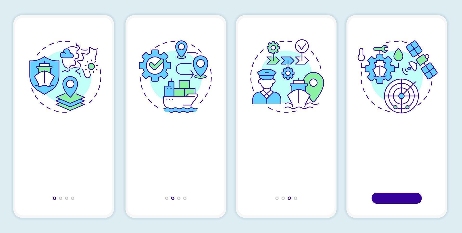 Stages of passage planning onboarding mobile app screen. Shipping. Walkthrough 4 steps editable graphic instructions with linear concepts. UI, UX, GUI vector