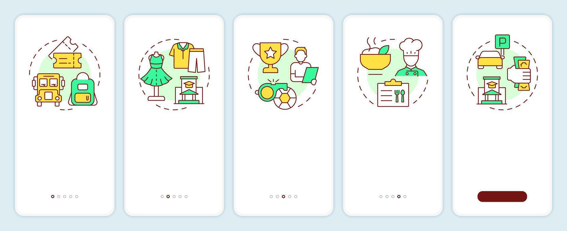 Student fees onboarding mobile app screen. Trips, services. Walkthrough 5 steps editable graphic instructions with linear concepts. UI, UX, GUI vector