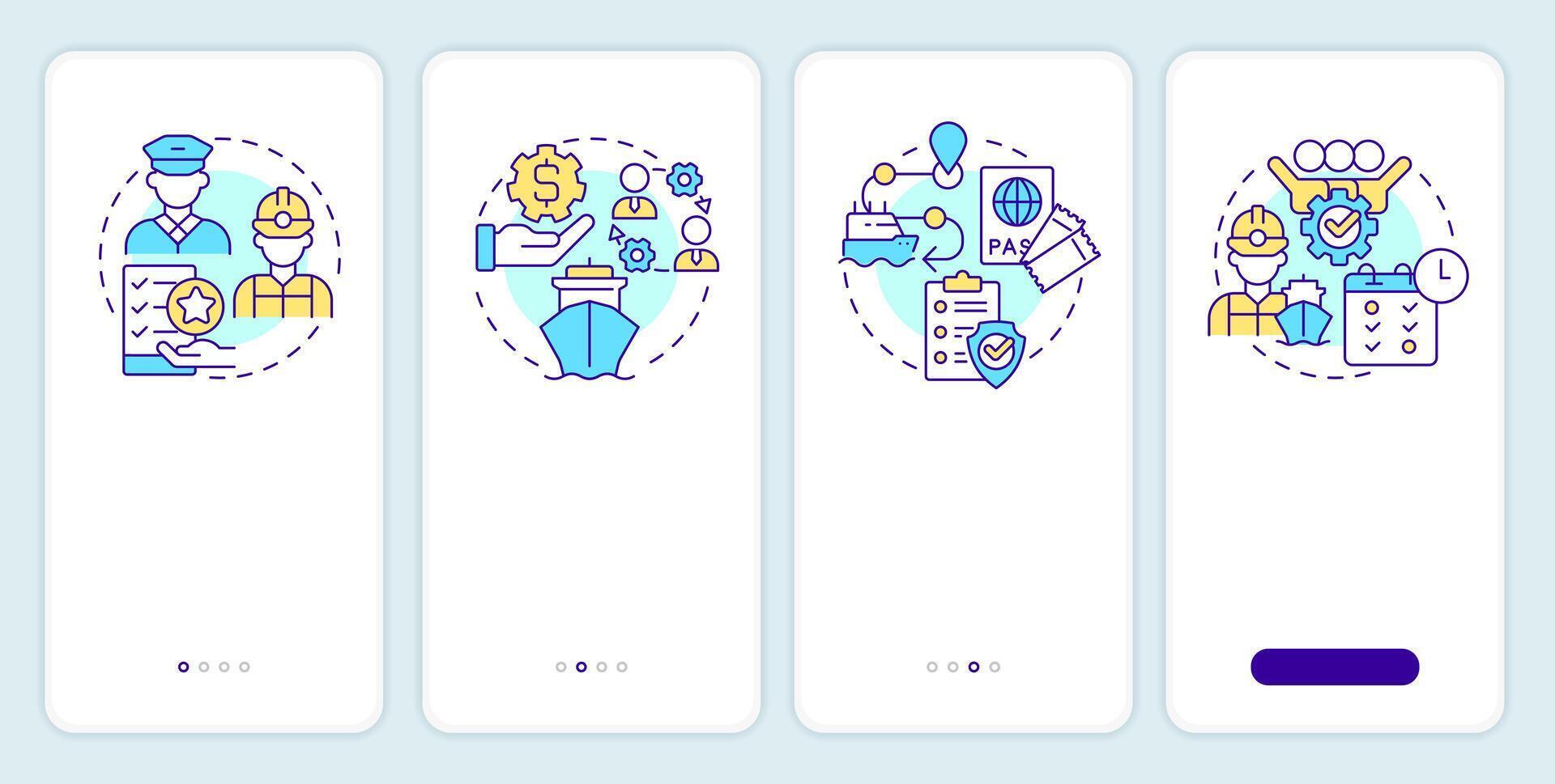 Maritime crew management onboarding mobile app screen. Ship staff. Walkthrough 4 steps editable graphic instructions with linear concepts. UI, UX, GUI vector