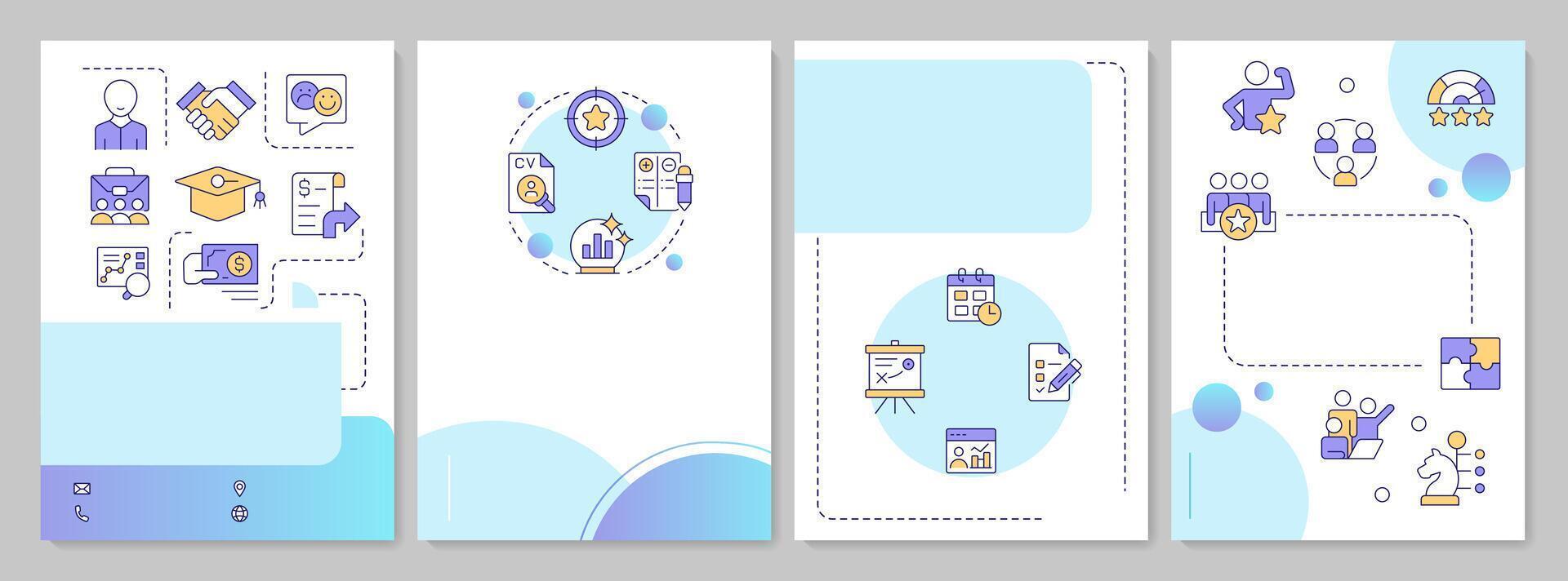 HR analytics blue circle brochure layout. Corporate recruitment data. Hiring strategy. Leaflet advertising design with color line icons. Editable 4 pages vector