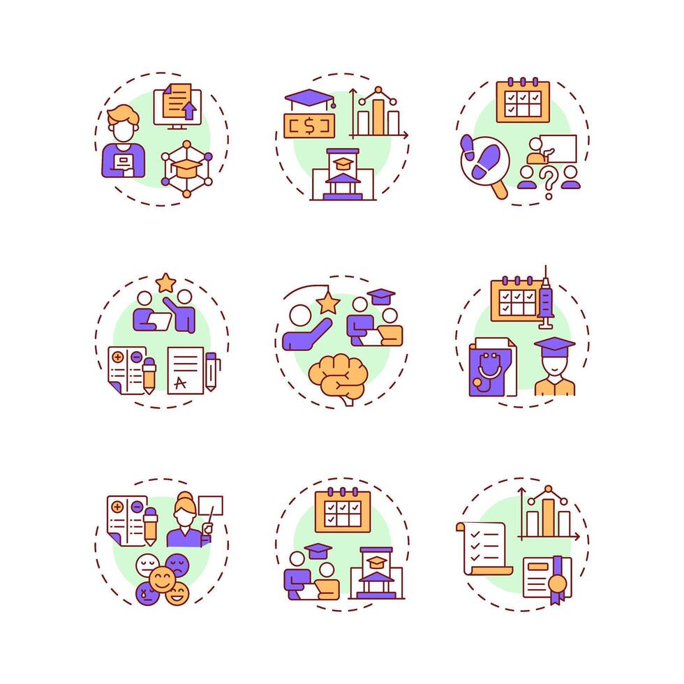 Student information systems multi color concept icons. Grades management. Teaching, coaching. Icon pack. Round shape illustrations for article, infographic. Abstract idea vector