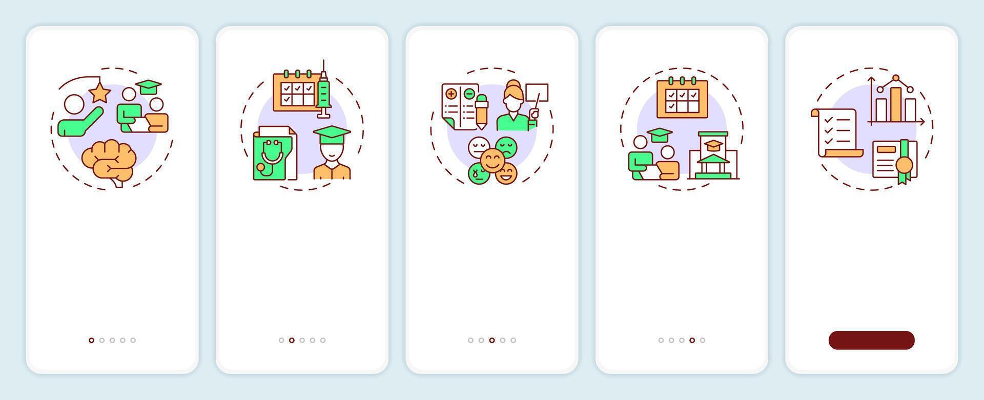 Student information system onboarding mobile app screen. Walkthrough 5 steps editable graphic instructions with linear concepts. UI, UX, GUI vector