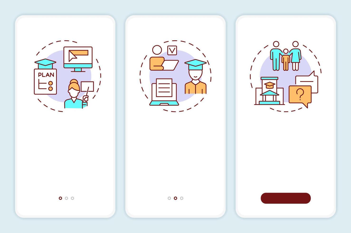 Educational access portals onboarding mobile app screen. Walkthrough 3 steps editable graphic instructions with linear concepts. UI, UX, GUI vector