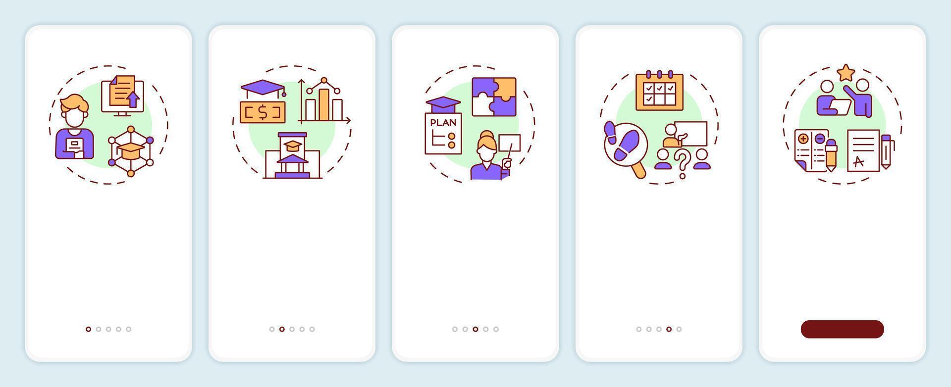 School management features onboarding mobile app screen. Walkthrough 5 steps editable graphic instructions with linear concepts. UI, UX, GUI vector