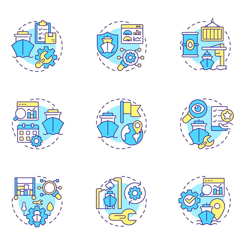 Ship management multi color concept icons. Maritime cargo transportation system. Delivering goods by sea. Icon pack. Round shape illustrations for presentation. Abstract idea vector