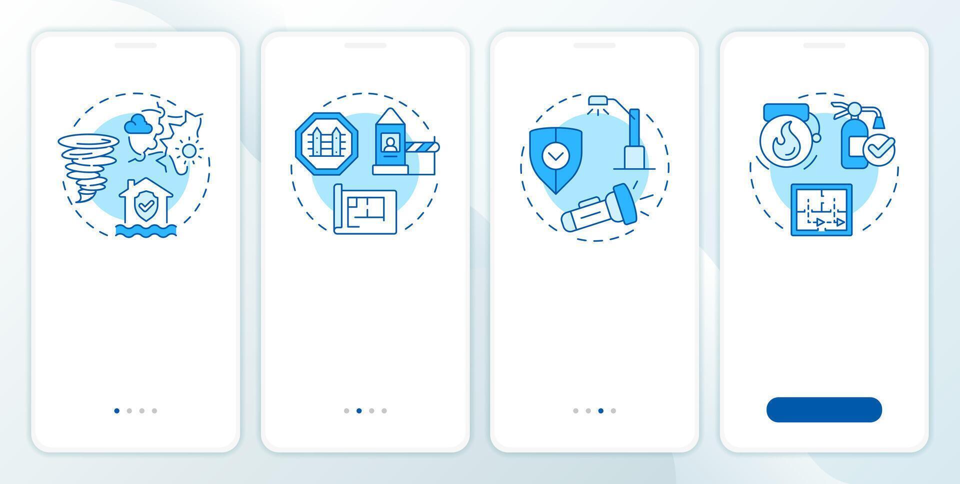 Physical security audit components blue onboarding mobile app screen. Walkthrough 4 steps editable graphic instructions with linear concepts. UI, UX, GUI vector