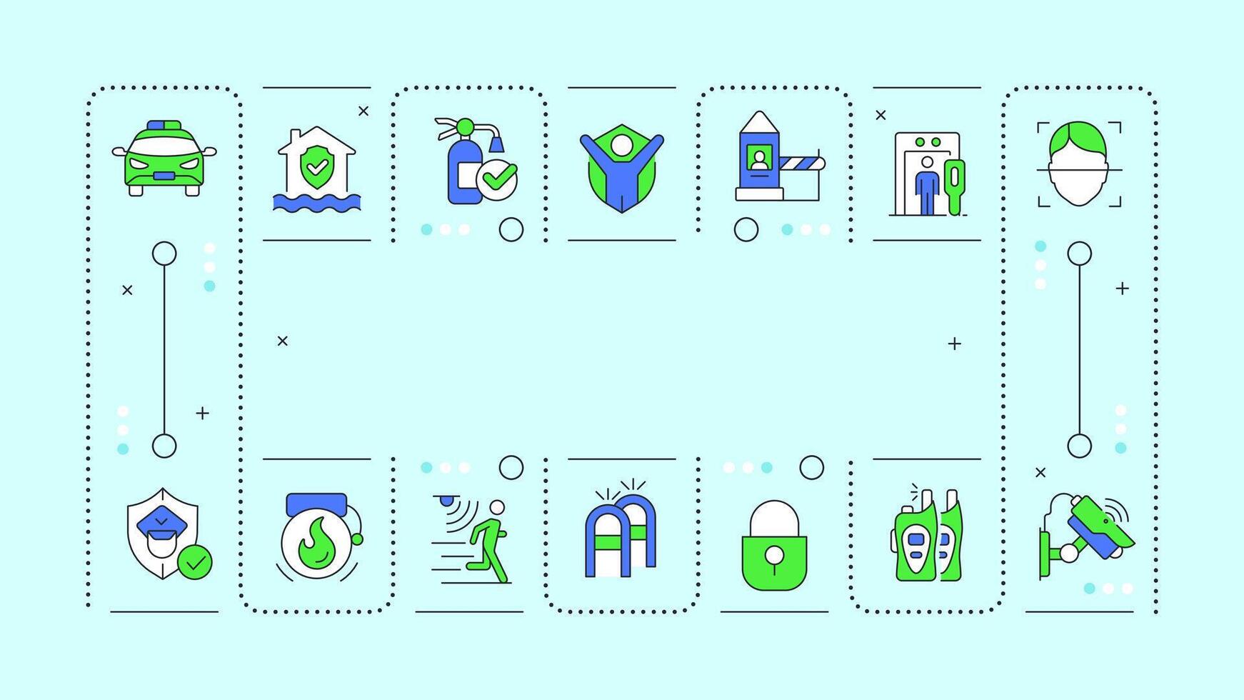Physical security mint green word concept. Protect personnel and property from damage. Typography banner. Illustrationwith title text, editable icons color vector