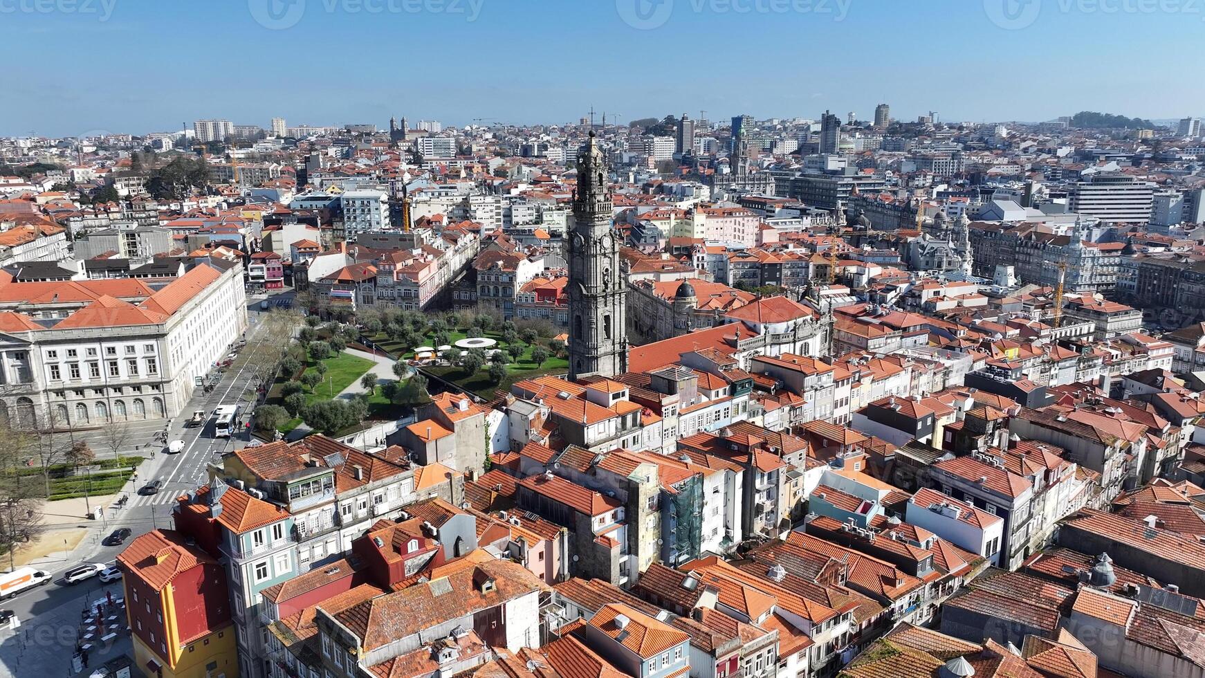 Aerial View of Clerigos Tower in Porto District of Porto in Portugal. Famous Scenery. photo