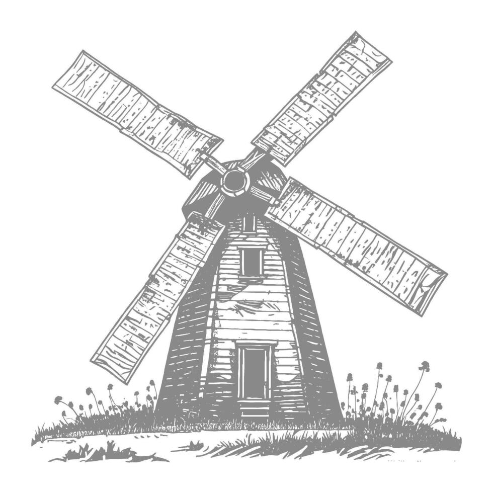 A vintage illustration of a windmill in a rural setting. vector