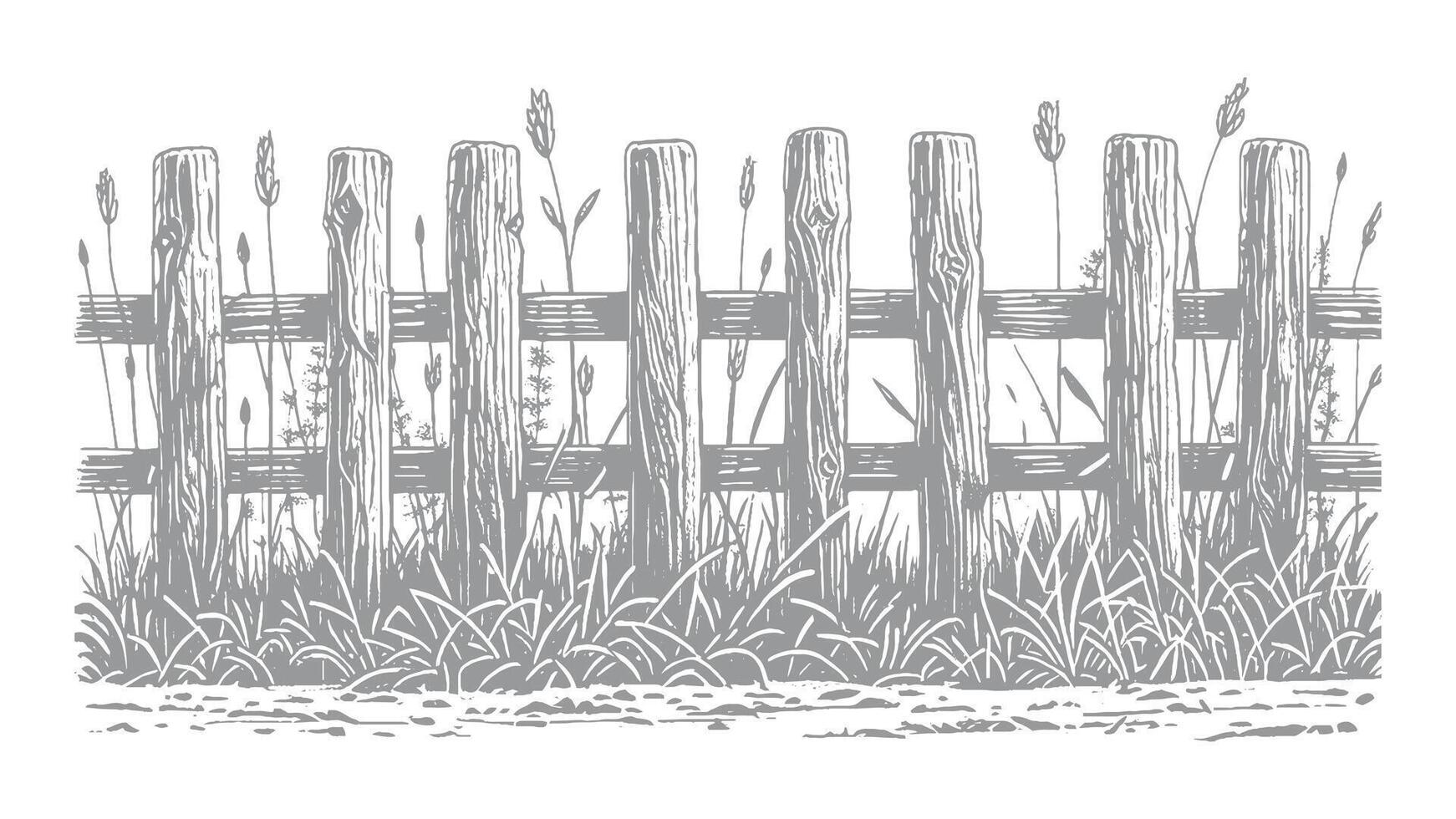Hand-drawn wooden fence with grass and weeds in the countryside. vector